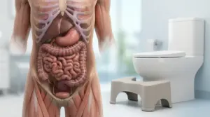 Illustrazione dell’apparato digerente accanto a un WC con sgabello per la postura corretta in bagno