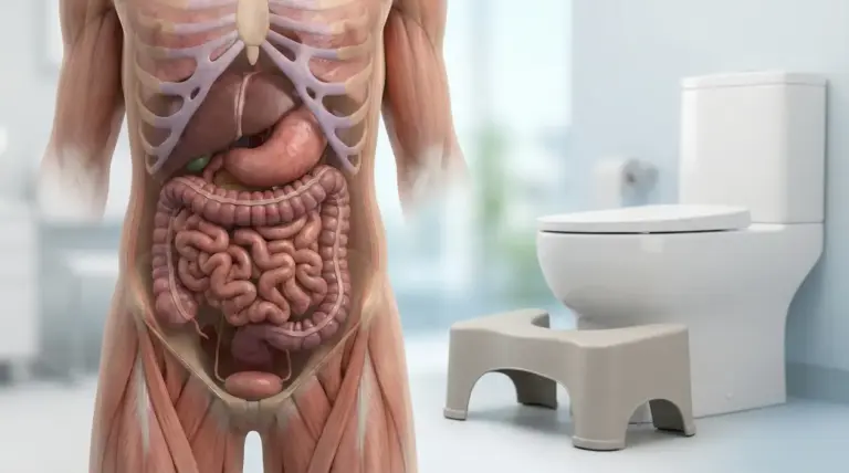 Illustrazione dell’apparato digerente accanto a un WC con sgabello per la postura corretta in bagno