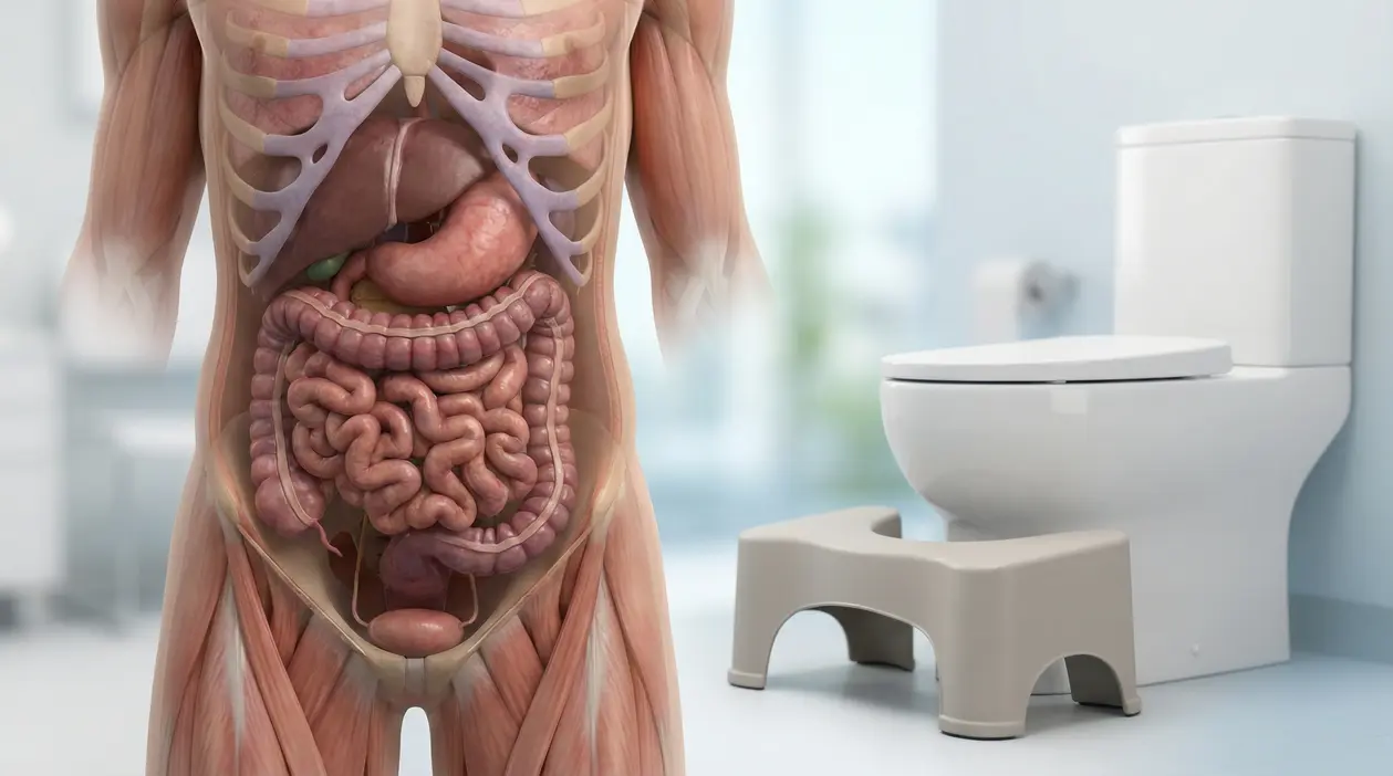 Illustrazione dell’apparato digerente accanto a un WC con sgabello per la postura corretta in bagno