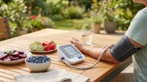 Persona che misura la pressione al tavolo con mirtilli, fragole, kiwi e barbabietole in giardino