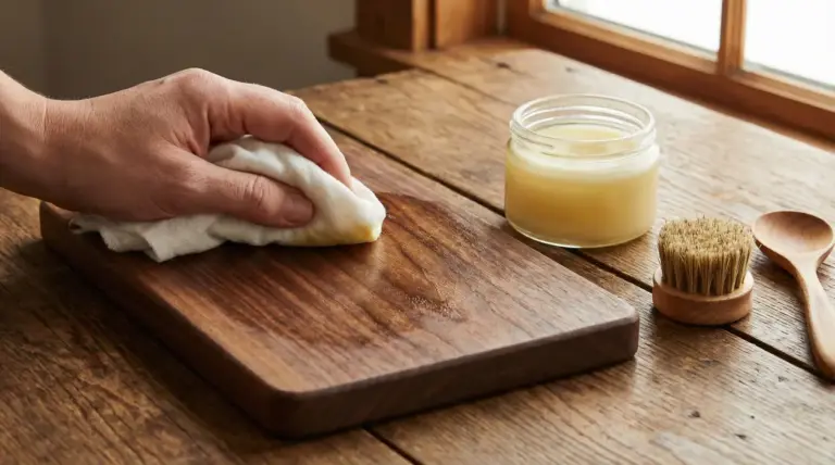 Mano che applica un prodotto naturale su un tagliere in legno con panno, accanto a un vasetto e una spazzola