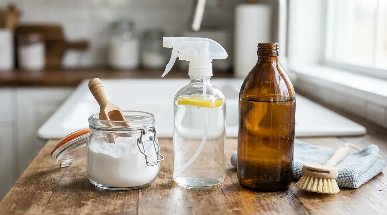 Ingredienti e accessori per pulizie naturali in cucina con spray, barattolo di bicarbonato e bottiglia di aceto