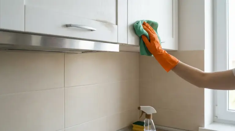 Mano con guanto arancione pulisce i pensili della cucina con un panno in microfibra