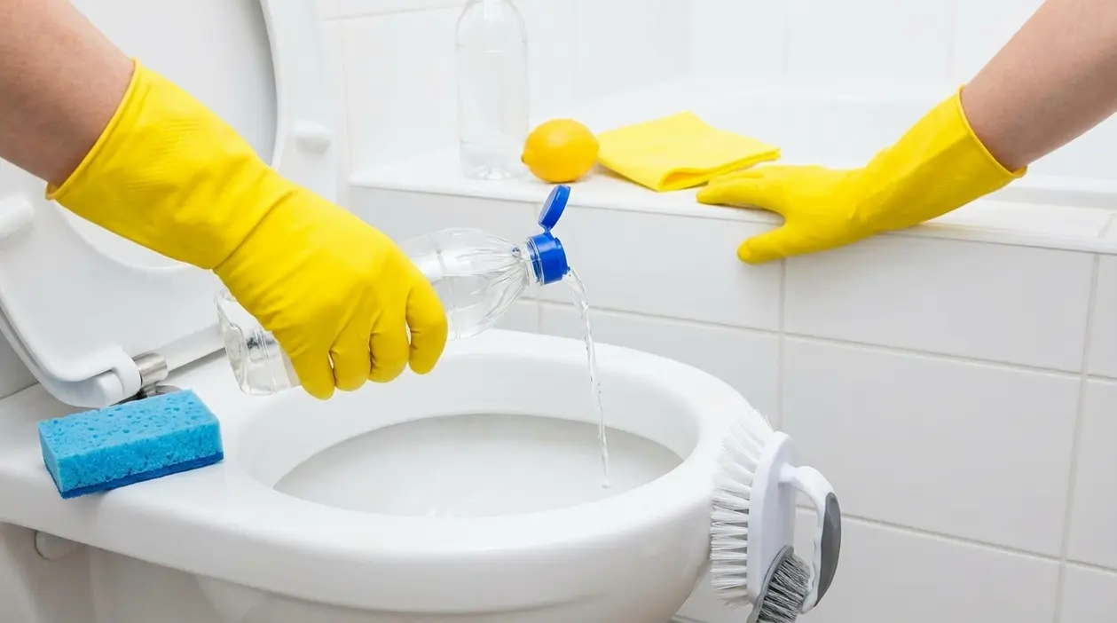 Mani con guanti gialli versano aceto bianco nel WC per pulire il bagno a fondo in modo naturale
