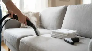 Persona che pulisce un divano in tessuto con un pulitore a vapore in un soggiorno luminoso
