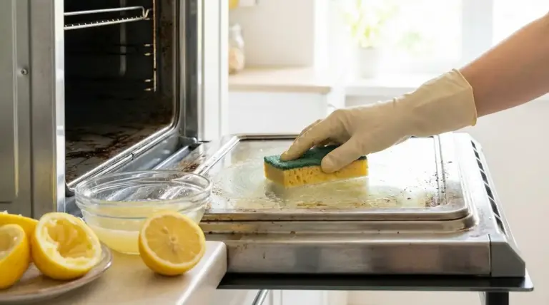 Persona pulisce il forno con una spugna e succo di limone, senza bicarbonato