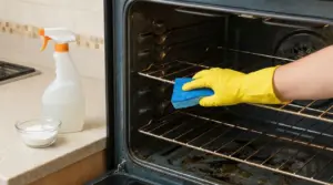 Mano con guanto giallo pulisce un forno incrostato con spugna, accanto a spray detergente e bicarbonato