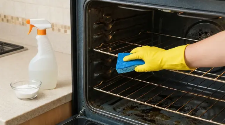 Mano con guanto giallo pulisce un forno incrostato con spugna, accanto a spray detergente e bicarbonato