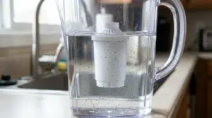 Caraffa filtrante con cartuccia bianca e puntini neri visibili nell’acqua, appoggiata sul piano cucina