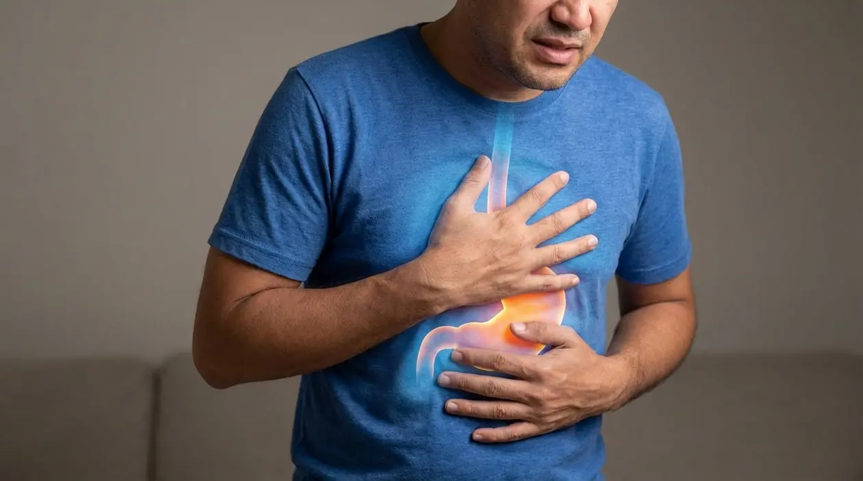 Uomo con dolore al petto e allo stomaco, immagine che rappresenta il reflusso gastrico