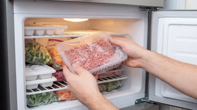 Mani che ripongono carne macinata nel congelatore insieme ad altri alimenti surgelati