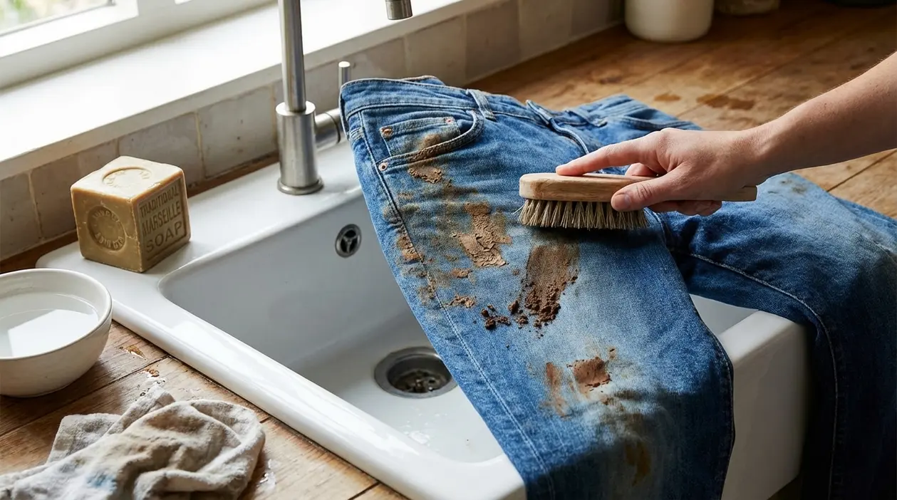 Jeans con macchie di fango lavati a mano nel lavandino con una spazzola e sapone di Marsiglia