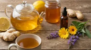 Tisana naturale con zenzero, limone e miele su tavolo rustico, associata a rimedi per la pressione alta