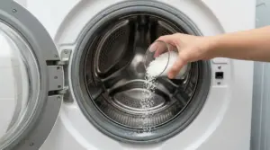 Mano che versa sale grosso nel cestello della lavatrice aperta per la pulizia e la manutenzione