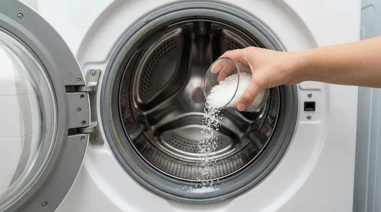 Mano che versa sale grosso nel cestello della lavatrice aperta per la pulizia e la manutenzione