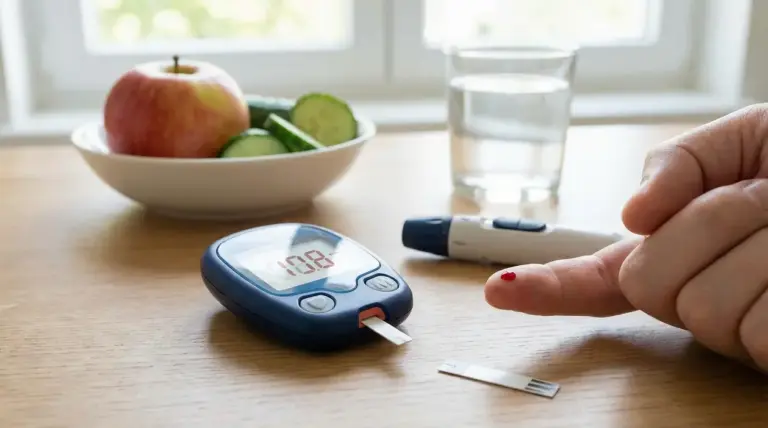 Persona misura la glicemia con glucometro e puntura sul dito, accanto a frutta, cetriolo e un bicchiere d’acqua