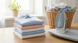 Camicie piegate con ferro da stiro e cesto della biancheria in una casa, simbolo di servizio di stiro a domicilio