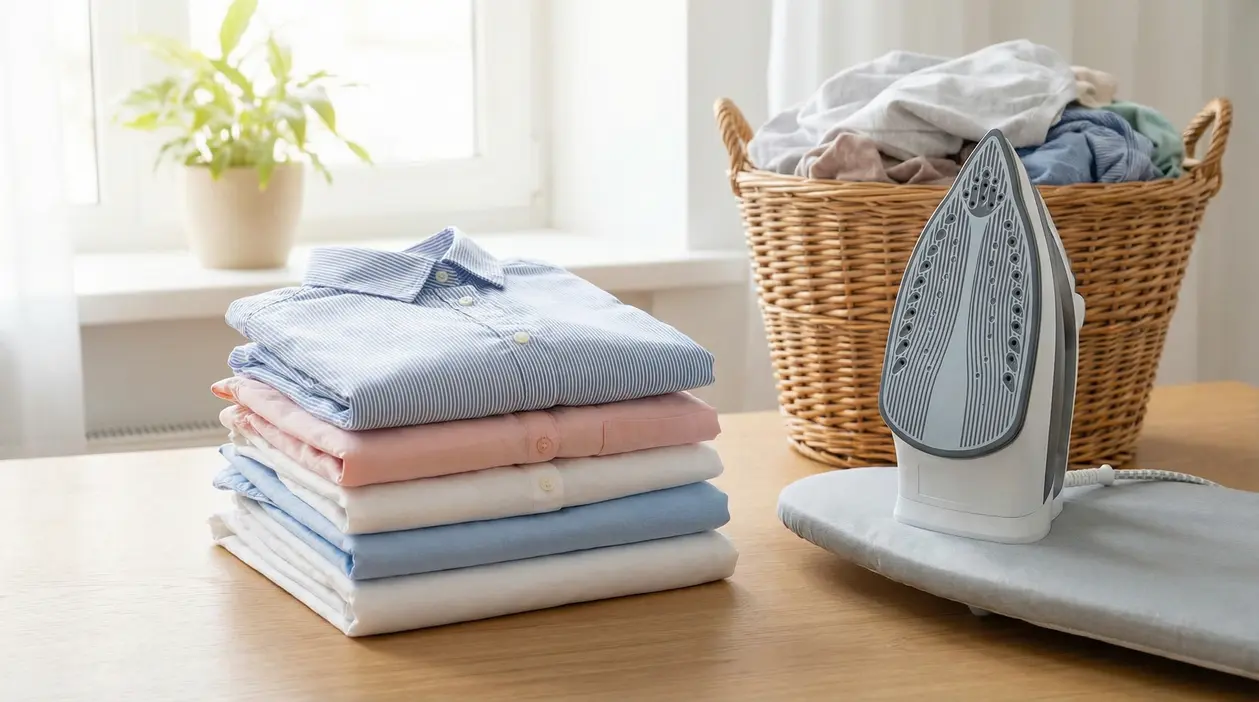 Camicie piegate con ferro da stiro e cesto della biancheria in una casa, simbolo di servizio di stiro a domicilio