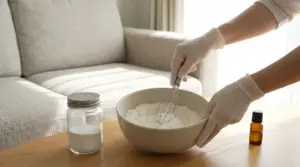 Persona prepara uno shampoo a secco fai da te in polvere per pulire un divano in tessuto