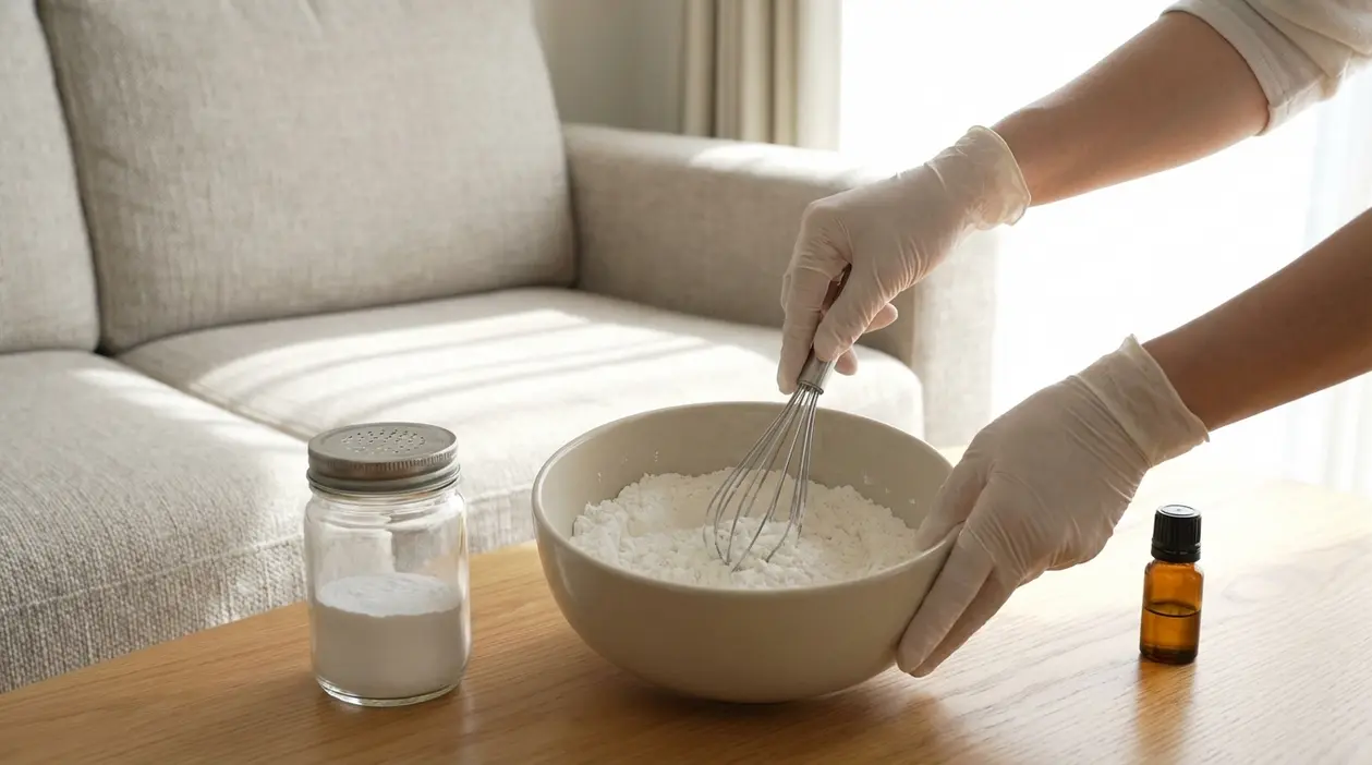 Persona prepara uno shampoo a secco fai da te in polvere per pulire un divano in tessuto