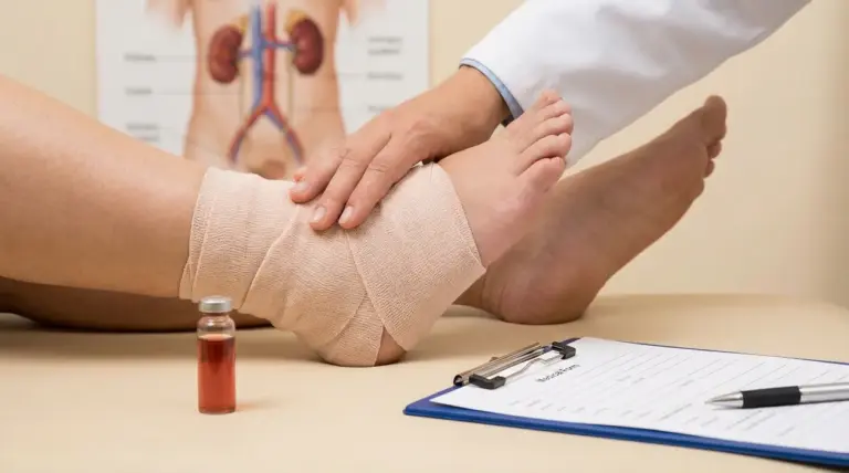 Gamba gonfia con caviglia fasciata durante una visita medica, possibile segnale di problemi ai reni