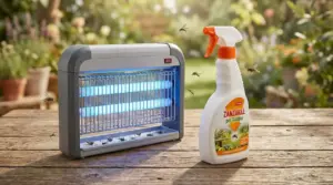 Lampada antizanzare e spray repellente su un tavolo in giardino, con insetti intorno