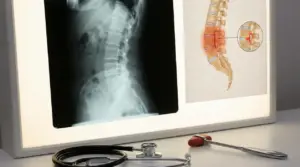 Radiografia della colonna lombare con illustrazione medica correlata alla spondiloartrite anchilosante