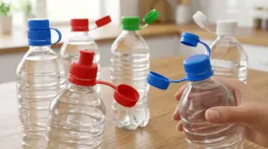 Bottiglie d’acqua in plastica con tappi solidali di diversi tipi appoggiate su un tavolo