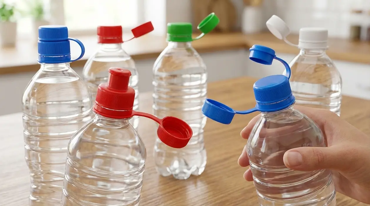 Bottiglie d’acqua in plastica con tappi solidali di diversi tipi appoggiate su un tavolo
