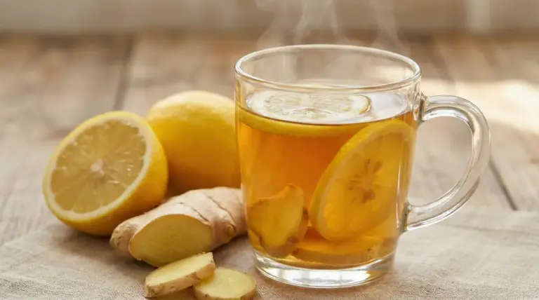 Tisana calda allo zenzero e limone in tazza di vetro con fette di limone e radice di zenzero