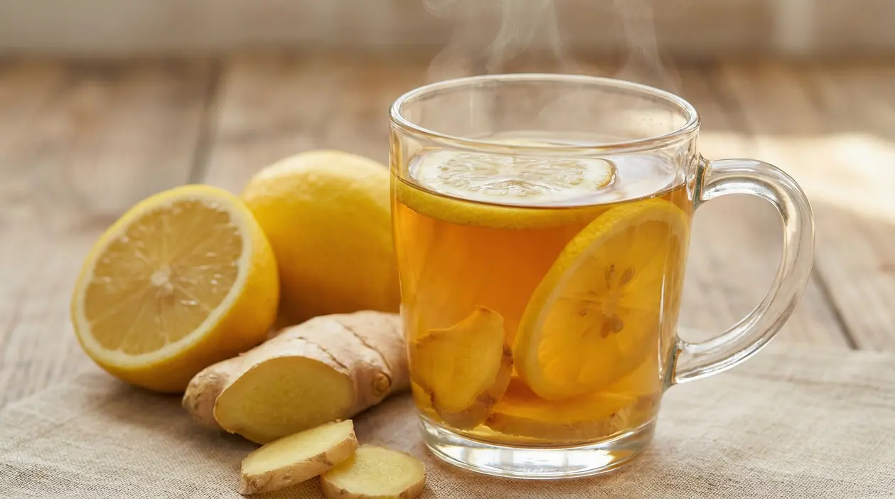 Tisana calda allo zenzero e limone in tazza di vetro con fette di limone e radice di zenzero