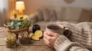 Persona con maglione tiene una tisana calda con limone, zenzero ed erbe per raffreddore e influenza