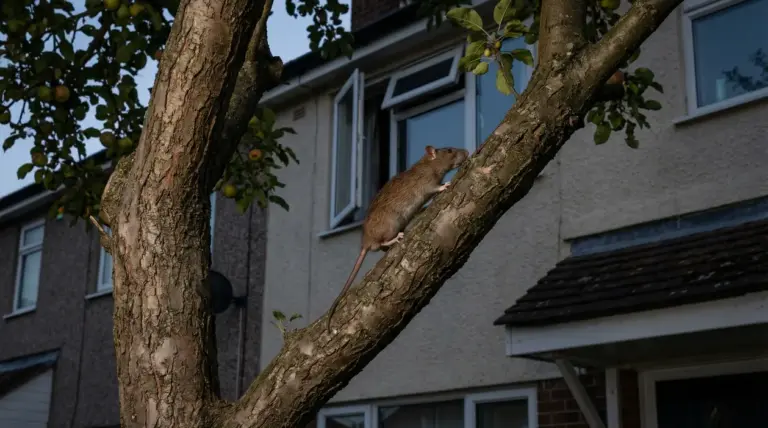 Topo che si arrampica su un albero del giardino vicino alla finestra aperta di una casa