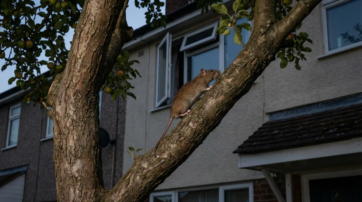Topo che si arrampica su un albero del giardino vicino alla finestra aperta di una casa