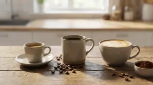 Tre tazze di caffè su un tavolo in cucina, tra chicchi e polvere di caffè