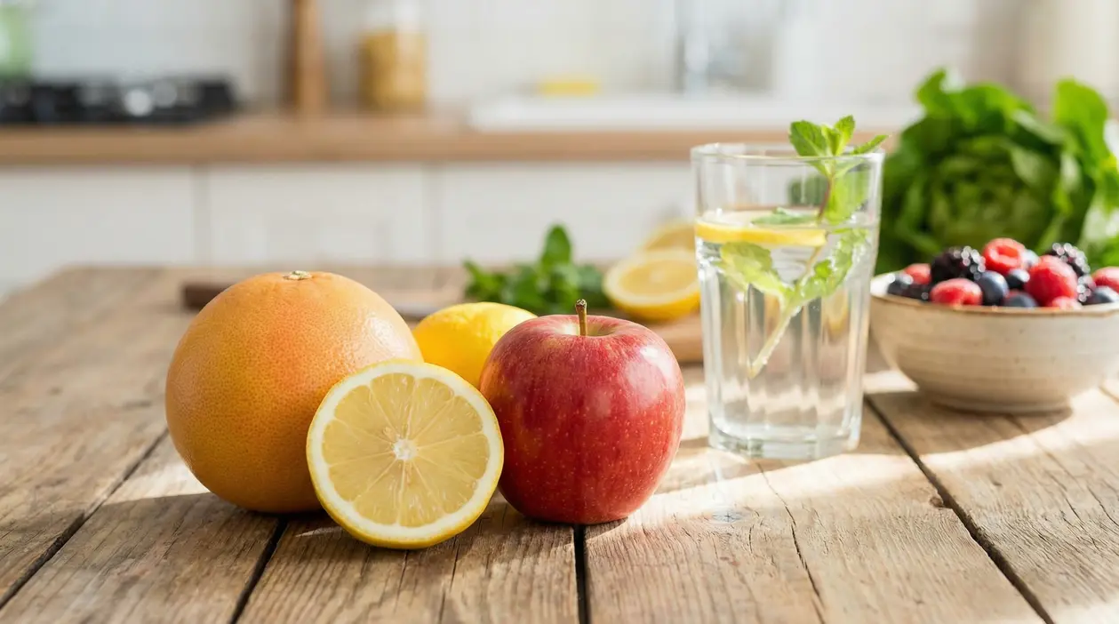 Pompelmo, limone e mela su un tavolo con acqua aromatizzata, frutti associati al benessere del fegato
