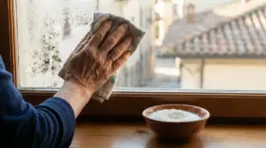 Una persona pulisce un vetro con condensa e muffa vicino a una ciotola di riso sul davanzale