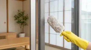 Persona con guanto giallo pulisce una zanzariera con piumino senza smontarla in casa