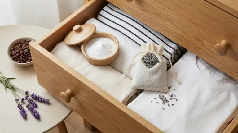 Cassetto in legno con vestiti piegati, sacchetto alla lavanda e bicarbonato per eliminare odore di chiuso