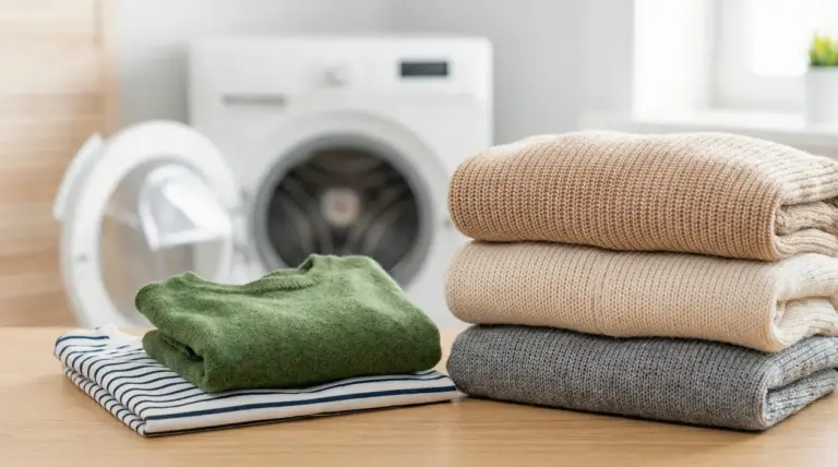 Maglioni piegati su un tavolo davanti alla lavatrice, simbolo di capi ristretti dopo il lavaggio