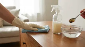 Persona pulisce un mobile in legno con panno e spray fatto in casa per tenere lontana la polvere
