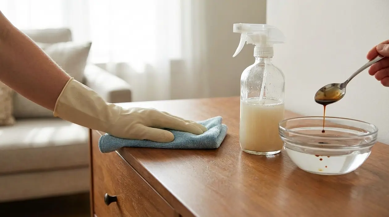 Persona pulisce un mobile in legno con panno e spray fatto in casa per tenere lontana la polvere