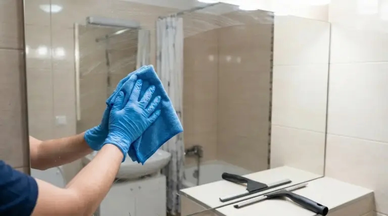 Persona pulisce uno specchio del bagno con panno in microfibra per eliminare aloni e ottenere una finitura perfetta