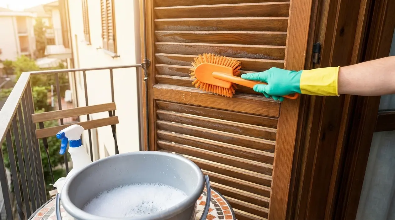 Persona con guanto pulisce una tapparella in legno con una spazzola su un balcone