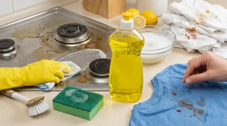 Detersivo per piatti usato per pulire i fornelli e pretrattare una maglietta macchiata in cucina