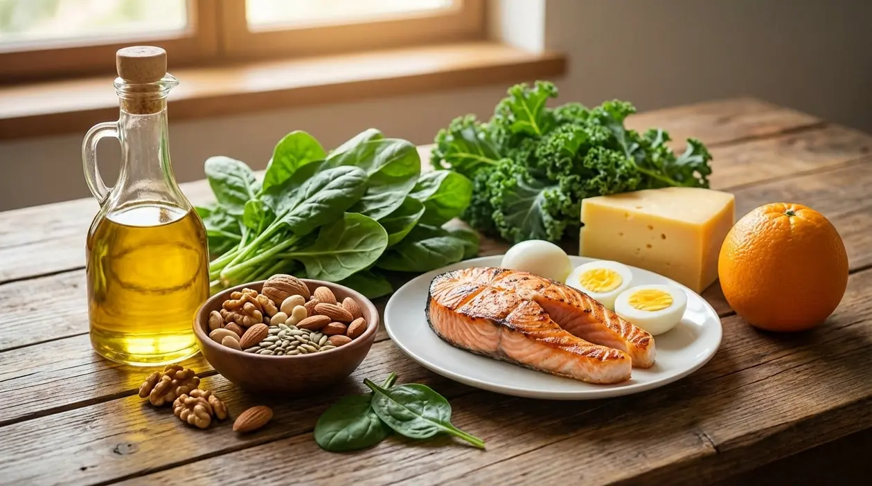 Alimenti ricchi di vitamine e nutrienti: salmone, uova, spinaci, cavolo riccio, frutta secca, formaggio e arancia