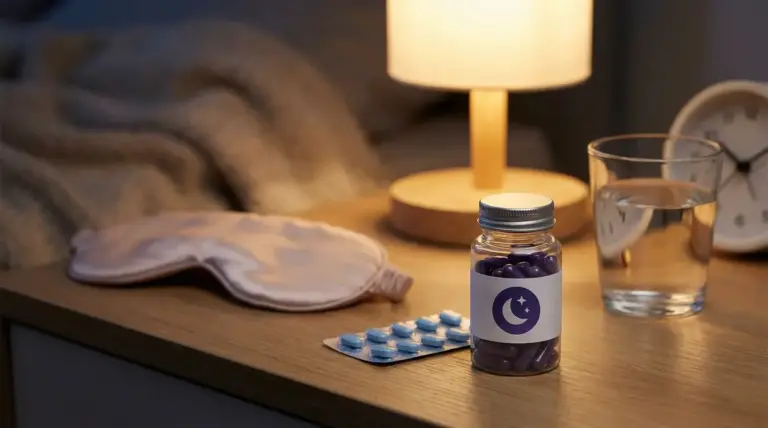 Integratori e bicchiere d’acqua sul comodino accanto a mascherina da notte e lampada soffusa