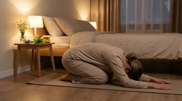 Persona in posizione del bambino su tappetino yoga in camera da letto illuminata soffusamente