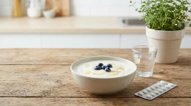 Ciotola di yogurt con mirtilli su tavolo in cucina, alimento utile per la salute intestinale